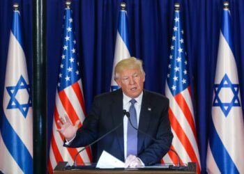 US president Donald Trump gives joint press statements with Israeli Prime Minister Benjamin Netanyahu (not seen)  at PM Netanyahu's residence in Jerusalem, on May 22, 2017. Photo by Marc Israel Sellem/POOL